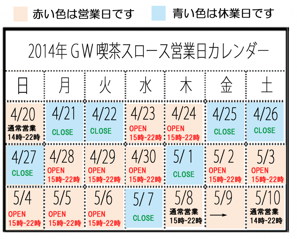喫茶スロース2014・GWカレンダー